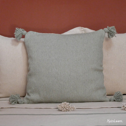 Housse de Coussin Unie à Pompons  - Edition Olive